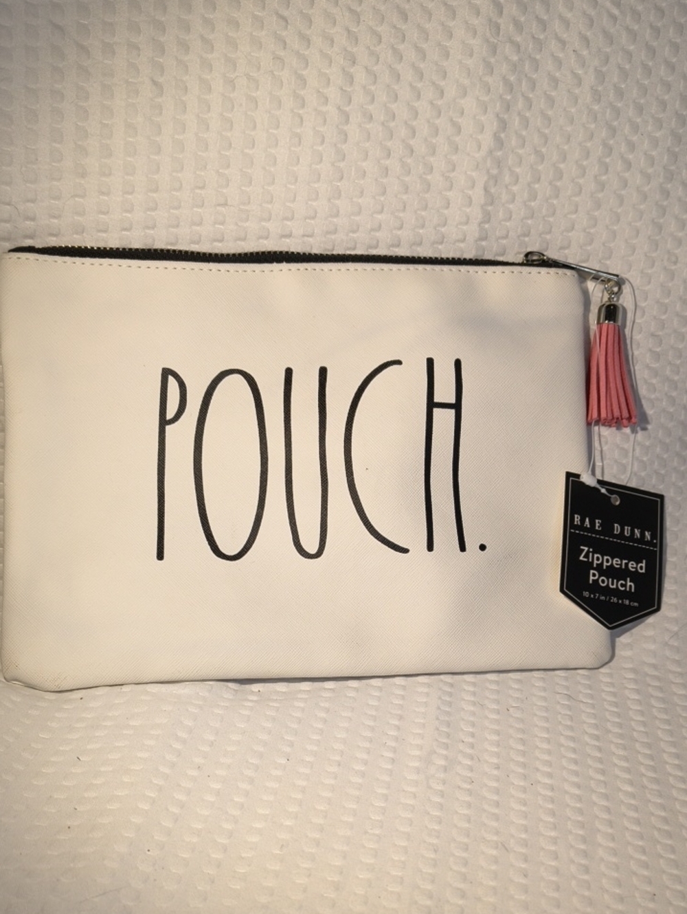 Rae Dunn White POUCH. Zippered Cosmetic Pouch with Pink Tassel Accent